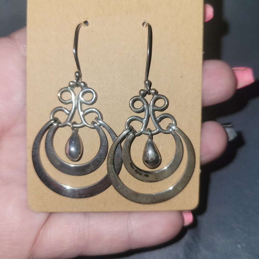 Sterling Silver ATI Mexico Double Hoop Tear Drop Dangle Earrings 925